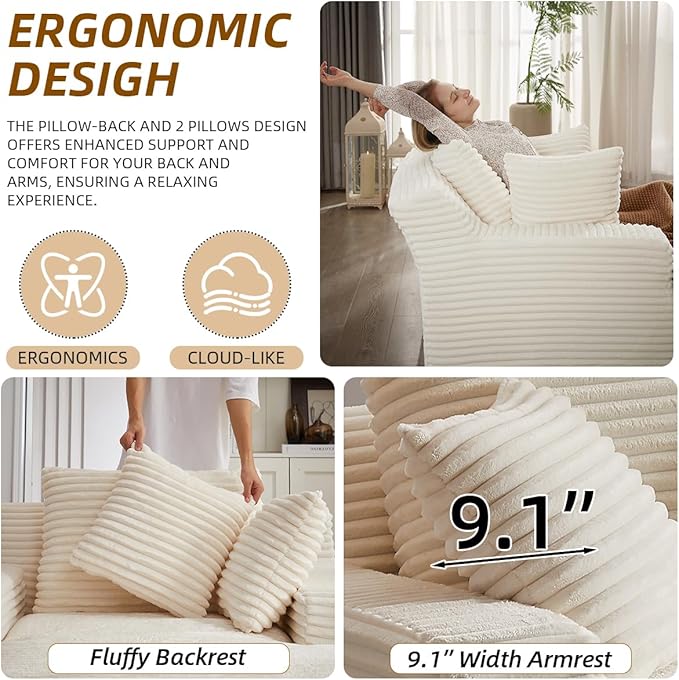 Oversized Chaise Lounge Chair Indoor Bedroom Comfy Corduroy Upholstered Sofa Bed Deep Seat Single Couch No Assembly Required Sleeper Chair Sofa for Living Room (White)