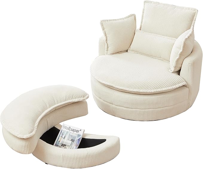 Modern Swivel Chair 38 W Oversized Swivel Chair with Moon Storage Ottoman Accent Round Loveseat Circle Swivel Barrel Chairs with 4 Pillows Cuddle Sofa Chair Lounger Armchair (Beige * 99)
