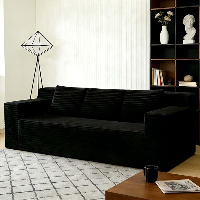 71 Small Boneless Couch Corduroy 3 Seater Couch for Living Room with 3 Pillows &amp Armrests Deep Seat Sofa for Small Spaces Apartment﻿ (Antique Black) | Small Boneless Couch