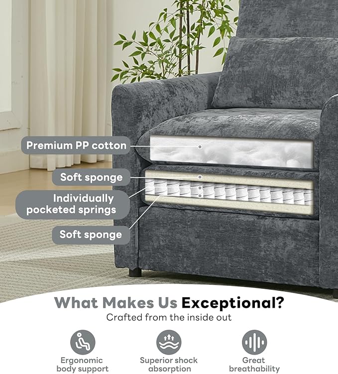Tbfit Living Room Arm Chair Modern Accent Chairs Cloud Single Sofa Spring Seat Cushion Comfy Lumber Pillow Chenille Fabric Removable Cover Soft Upholstered Furniture Home Apartment Gray