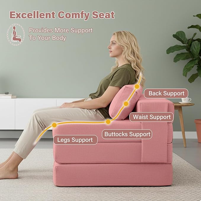 Tiita Folding Sofa Bed Chair 4-Fold Convertible Sleeper Chair with Lumbar Pillow Washable Cover &amp Side Pocket Floor Couch Bed with Raised Seat Single Size for Small Spaces Pink