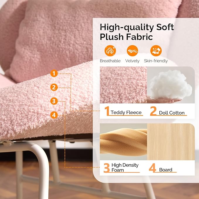 VINGLI 25.6 Extra Wide Nursery 115° Armless Rocking Chair Curved Cute Cross-Legged Glider Chair with Pillow &amp Solid Wood Nursing Chair for Bedroom Living Room Teddy Fleece Pink