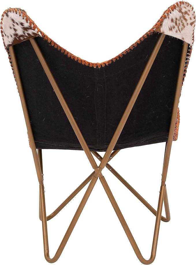 Shy Shy Let’s Touch The Sky Home Decor Genuine Goat Leather Butterfly Arm Chair with Black/Brown White Hair on Cowhide Accent Chair (White and Brown with Rose Gold)