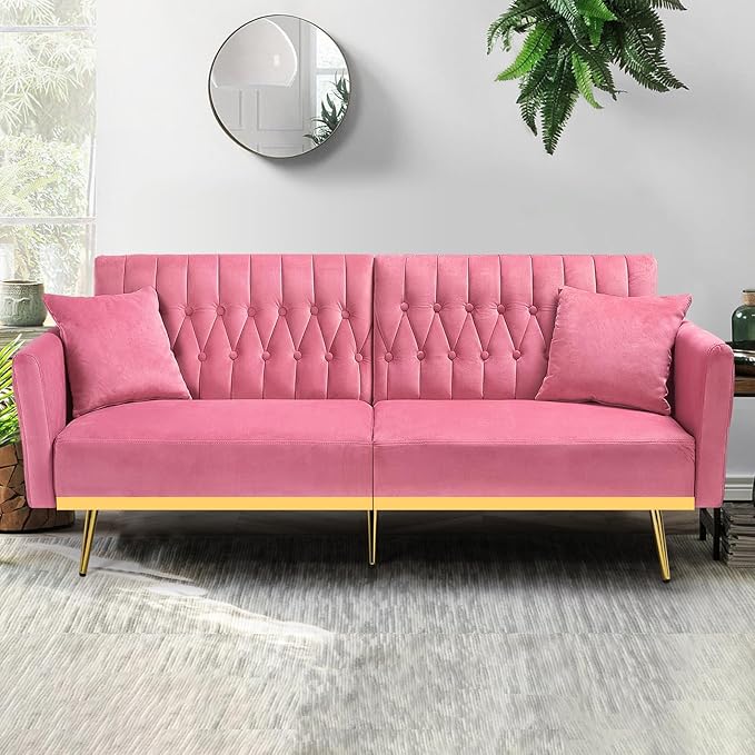 70” Velvet Futon Sofa Bed with 2 Pillows and Adjustable Armrests Convertible Sleeper Bed Modern Loveseat for Living Room Bedroom Pink