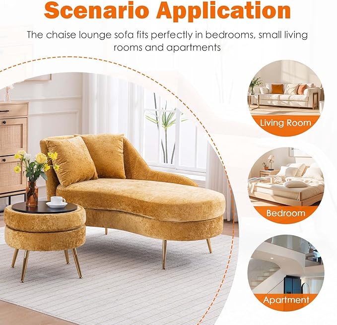 Chaise Lounge Chair Indoor Chenille Upholstered Chair with Left Armrest &amp Pillow Modern Lounge Chairs Sofa with Footstool for Living Room Bedroom Office (Yellow)