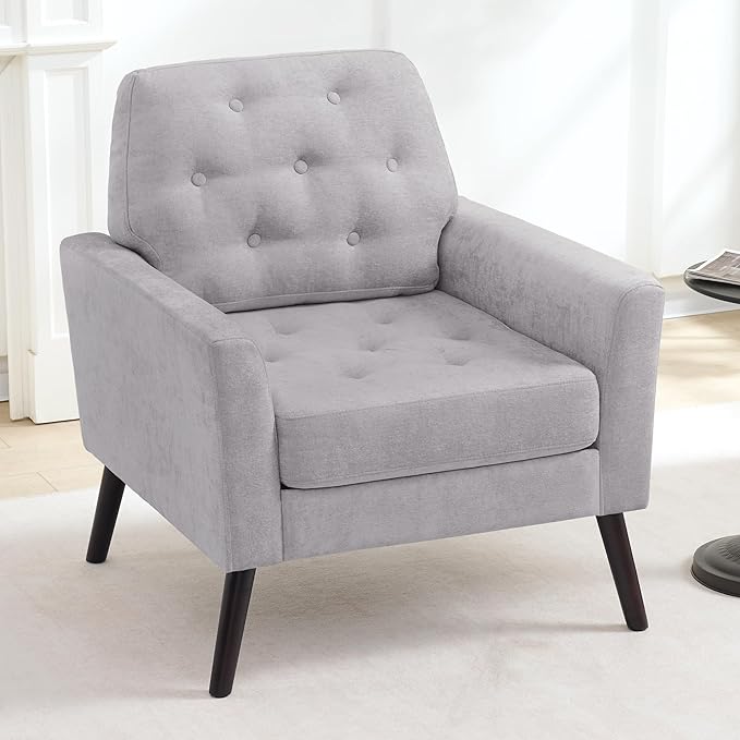 Accent Chair Set of 2 Mid Century Modern Living Room Chairs Upholstered Armchair with Tufted Back &amp Wood Legs Single Sofa Reading Side Chair for Bedroom Office Waiting Room Light Grey