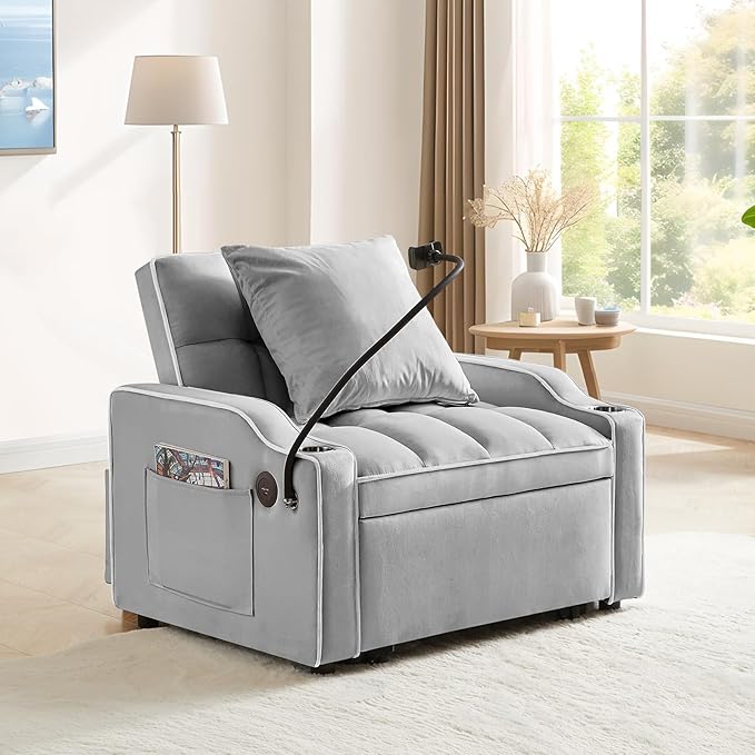 Convertible Sleeper Sofa Chair Bed 3 in 1 Velvet Single Small Futon Sofa Bed with Phone Holder &amp USB PortsPull Out Couch Recliner with Adjustable Backrest for Living Room Office Small Place(Gr