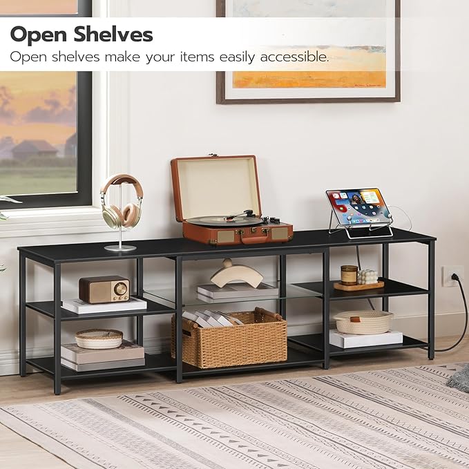 HOOBRO LED TV Stand for 75 Inch TVs with Charging Station Gaming Entertainment Center with 3-Tier Open Storage Long 63” Media TV Console Table TV Stand for Living Room Bedroom Black BB21UDDS01