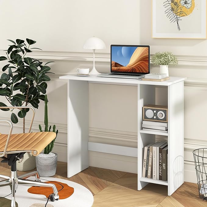 31.5 Small Desk Wooden Home Office Desks Compact Writing Study Work Table with Adjustable Shelf Modern Makeup Vanity for Bedroom Computer Workstation for Small Space (White)