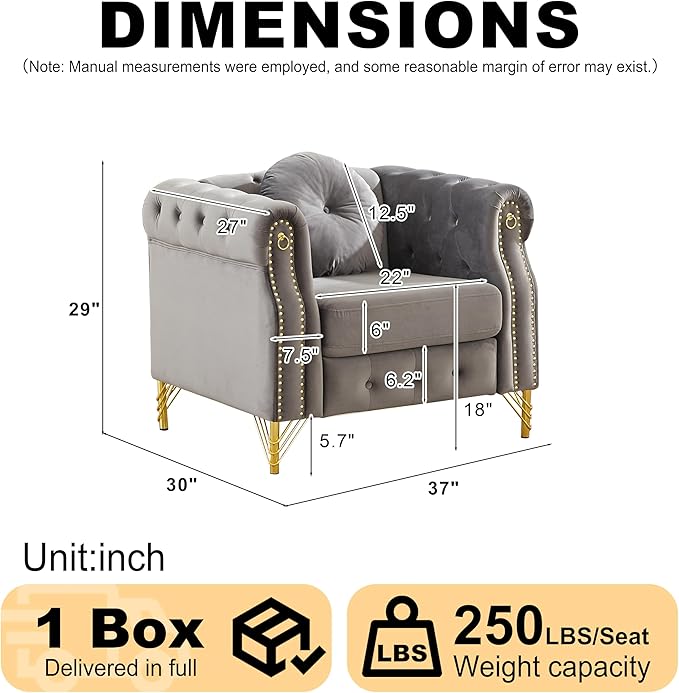 ERYE 37-Inch Chesterfield Button Tufted Single Sofa with Round Pillow Single Seat Velvet Tufted Sofa W/Nailhead DecorRing Accent &amp Golden Legs