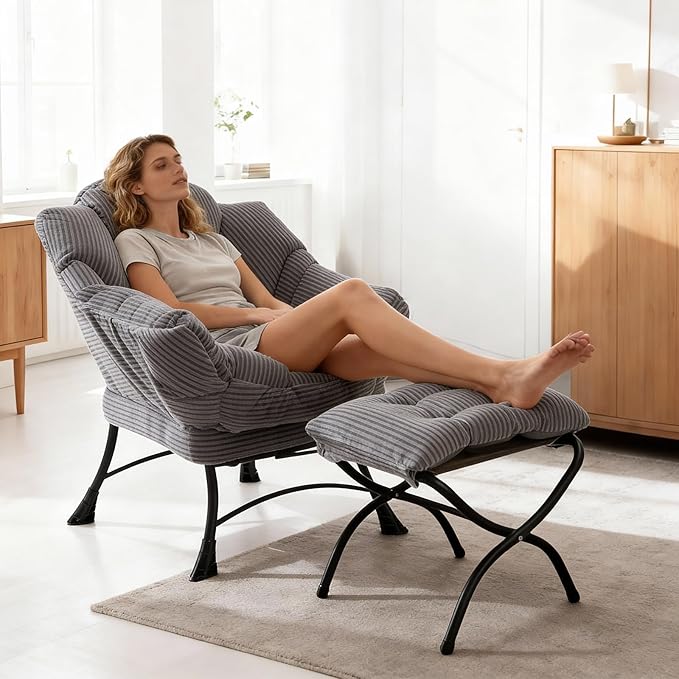 Oversized Lazy Chair with Ottoman for Adults Chair and Ottoman Set Modern Skinny Lounge Chair with Footrest Wide Reading Chair for Living Room Comfy Accent Armchair for Small Spaces Dark Gray