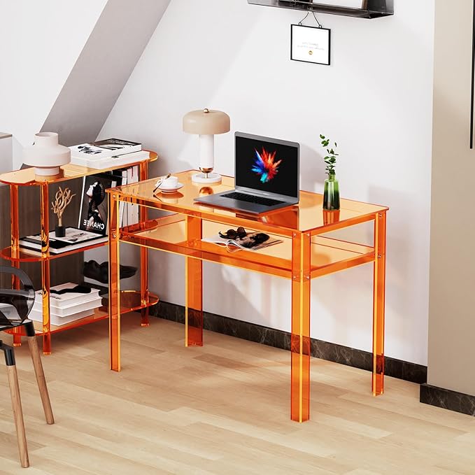 Clear Acrylic Desk with Open Storage Home Office Computer Writing Desk Office Study Table (Orange 39.4'' x 19.7'' x 29.5'')