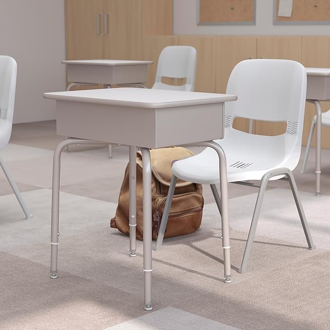 Flash Furniture Billie Student Desk - Gray Granite Open Front School Desk - Silver Metal Frame - 24W x 18D Adjustable Height Durable for School or Remote Learning