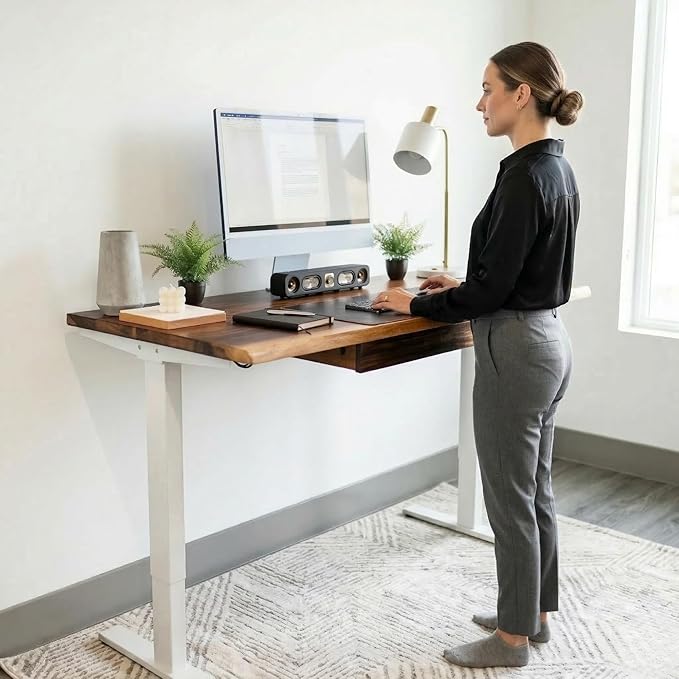 Walnut Standing Desk with Drawer - W60 x D27 Solid Wood Live Edge Adjustable Height Sit Stand Desk - Stable Dual Motor with Memory Presets Quick Assembly - Stand Up Home Office Table by MWS Studio