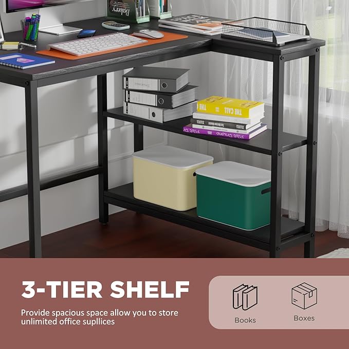 FDW L-Shaped Gaming Desk 39 Inch Computer Desk Corner Desks with Reversible Side Storage Shelves Study Desk Metal Frame PC Work Table for Home Office Dorm Sturdy Writing Workstation Black