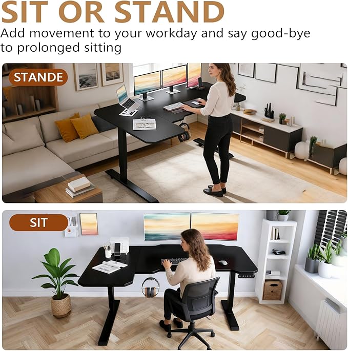 59 L-Shaped Standing Desk Height Adjustable Electric Corner Desk with Wheels Ergonomic Rising Computer Table for Home Office (Black)