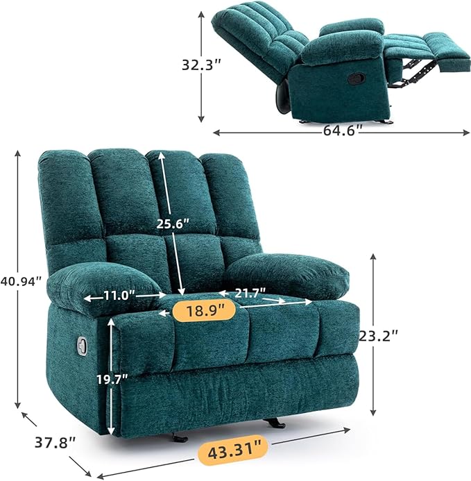 WILLOVE Oversized Rocker Recliner Chair Rocking Recliners Overstuffed Soft Big Man Manual Recliner Extra Large Living Room Chair 350 LBS Capacity Teal L