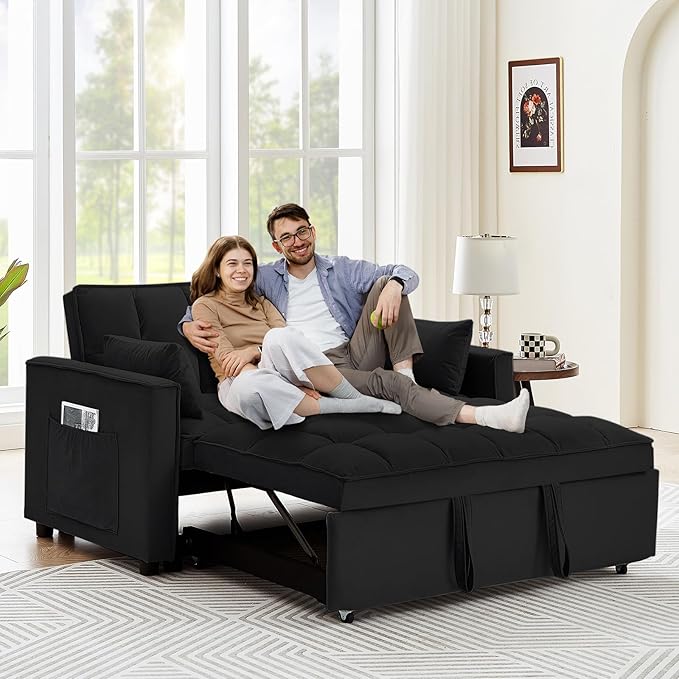 3 in 1 Convertible Sleeper Sofa Bed 55 Pull Out Couches Modern Loveseat Sleeper Sofa with Adjustable Reclining Backrest &amp Side Pockets for Living Room Velvet Fabric Classic Black