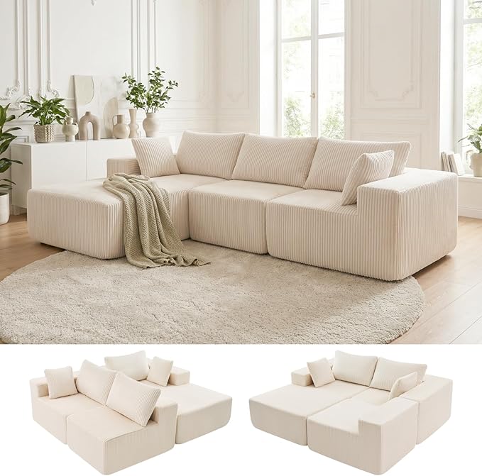DUMOS 108 Boneless Couch Cloud Sectional Couch with L-Shape Chaise Modular Sectional Sofa with Deep Seat Upholstered Couch for Living Room Bedroom No Assembly Required (Beige Left Facing Chaise)
