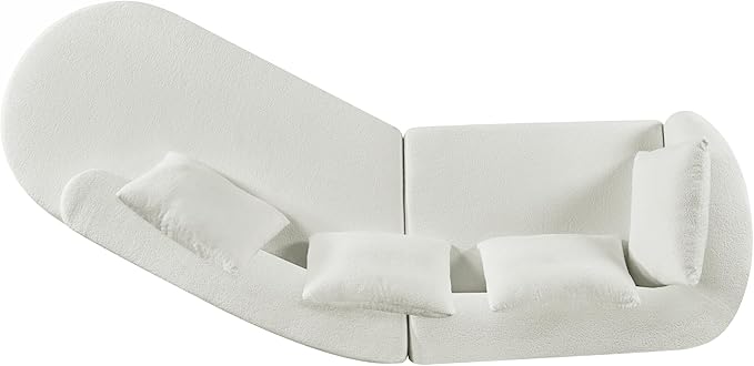 Merax 116 Curved Polyester Sectional Sofa Modern Pearl Upholstery 3 Seat Cloud Couch with Chaise Lounge &amp 4 Pillows for Living Room Beige