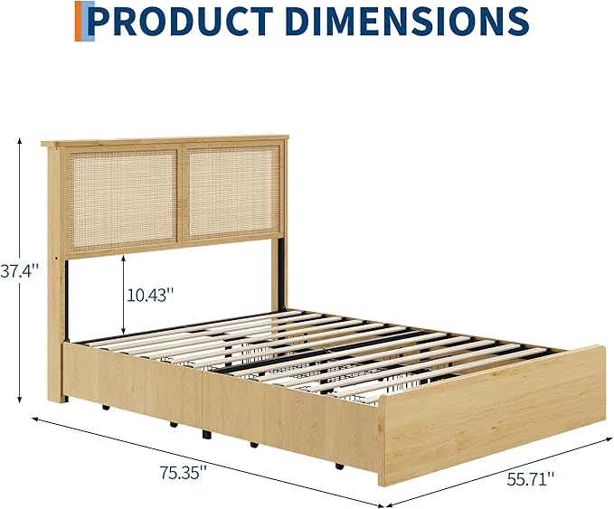 GAOMON Full Size Rattan Bed Frame with 4 Storage Drawer Boho Style Rattan Bed with LED Light &amp Natural Headboard Sturdy Wooden Slats Support No Box Spring Needed