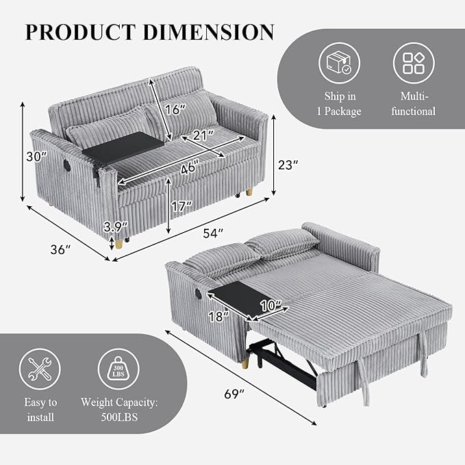 3 in 1 Pull Out CouchCorduroy Upholstered Convertible Sleeper Sofa Bed with Movable Side Table Modern Multifunctional Sofa with USB Port Cushioned Couch for Living Room (Gray)
