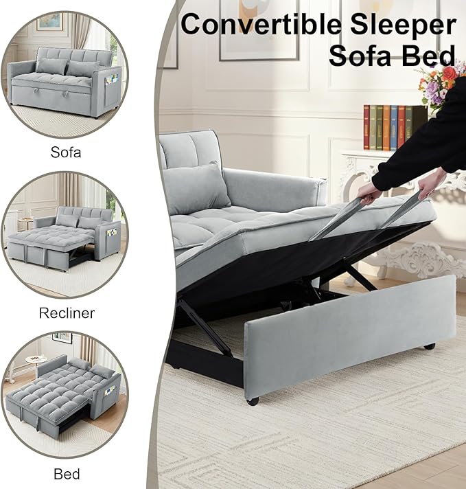 3-in-1 Convertible Sofa Bed 55'' Pull Out Couch Bed with Adjustable Backrest Velvet Fabric Sleeper Loveseat Sofa with Side Pocket Perfect for Living Room Easy Assembly(Light Gray)