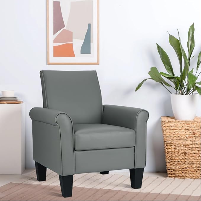 Lohoms Mid-Century Modern Accent Chair Overstuffed Leather Chairs for Living RoomUpholstered Comfy Club Chair Fake Faux Leather Armchair for Bedroom Apartment Office Lounge PU Leather Grey