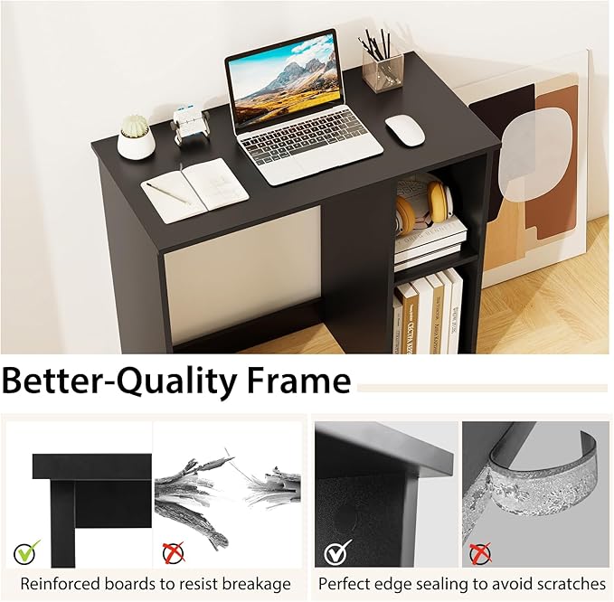 Black Computer Desk Modern Writing Desk with Storage Shelves Compact Gaming Table Wood Home Office Desks Small Desk for Bedroom Living Room Study (Black)