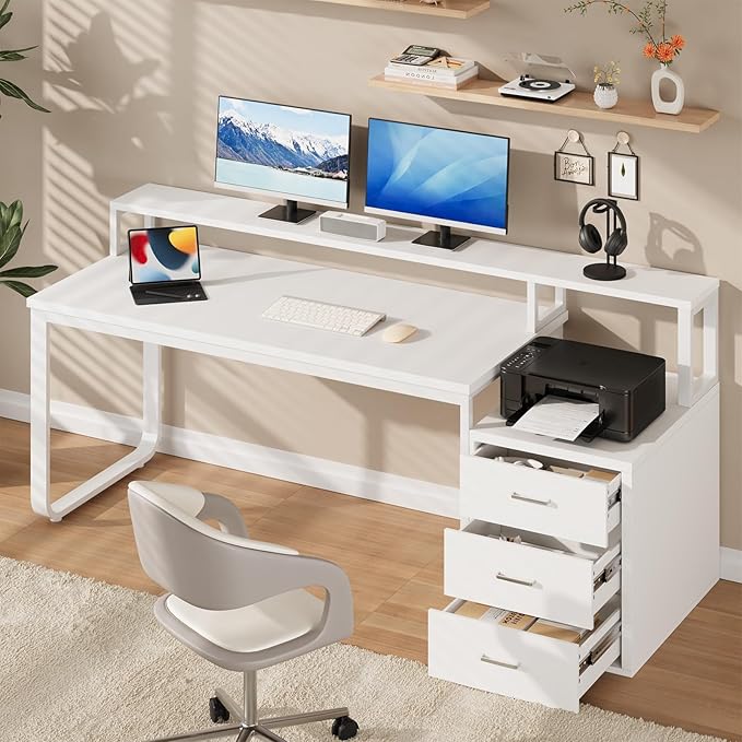 67'' White Desk with Drawers Computer Desk with Printer Shelf Home Office Desk with Moniter Stand and LED Lights White