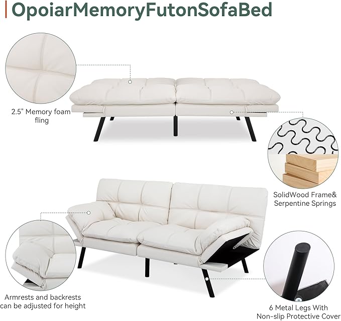 Opoiar 71 L Covertible Futon Sofa BedFaux Leather Futon Couch Memory Foam Modern Loveseat Sleeper Small Splitback Sofa Couches for Living RoomRVHome OfficeApartmentWhite