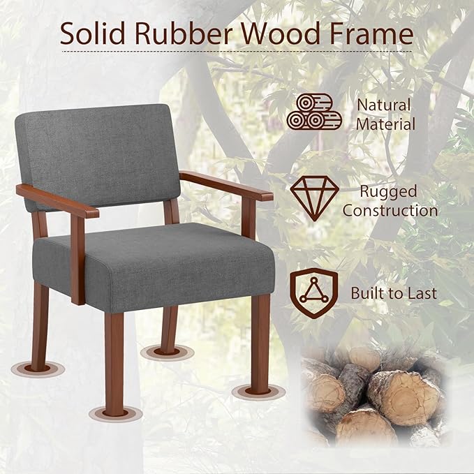 KOMFOTT Upholstered Accent Chair Mid-Century Modern Armchair with Rubber Wood Frame Linen Fabric Living Room Chair with Padded Seat &amp Backrest Comfy Reading Chair for Bedroom Waiting Room Gre