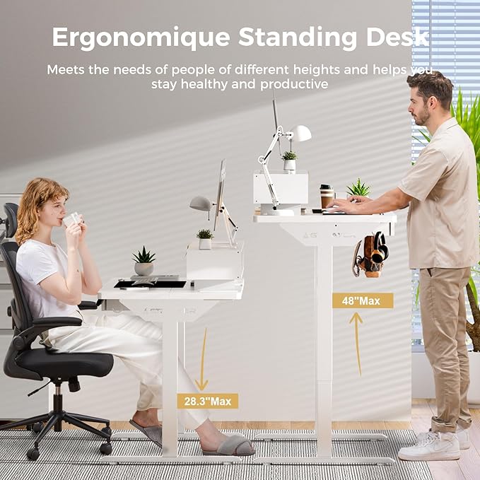 GTPLAYER Electric Standing Desk with Drawers 55 x 24 Inch Height Adjustable Gaming Desk with Monitor Stand Power Outlets &amp LED Lights Home Office Sit Stand Up Desk with Memory Preset (White)