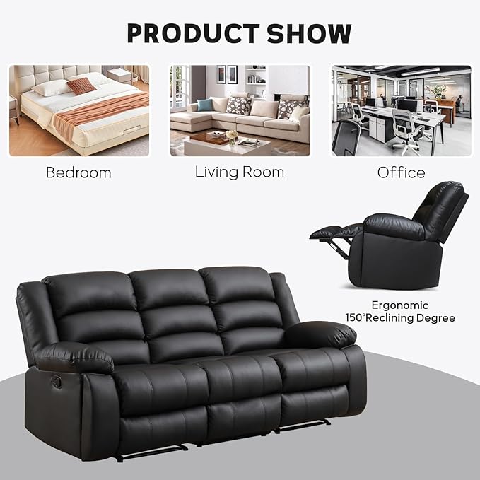 EBELLO Faux Leather Manual Reclining Sofa with 2 Concealed Cup Holders Overstuffed Armrest 3 Seat Recliner Sofa Couch for Living Room Meeting Room Bedroom Black