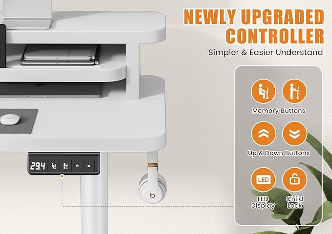 Flycity Electric Standing Desk with Dual Monitor Stand Height Adjustable Desk Sit Stand Desk with Memory Controller Casters &amp 2 Hooks Low Noise Home Office Desk (White 55 x 24)