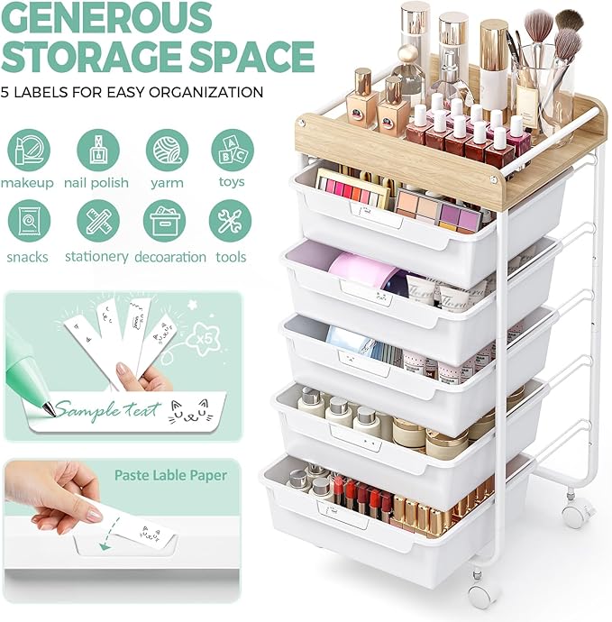 Rolling Cart with 5 DrawersArt Craft CartStorage Utility Cart with WheelsMakeup Organizer with Wooden TabletopWhite