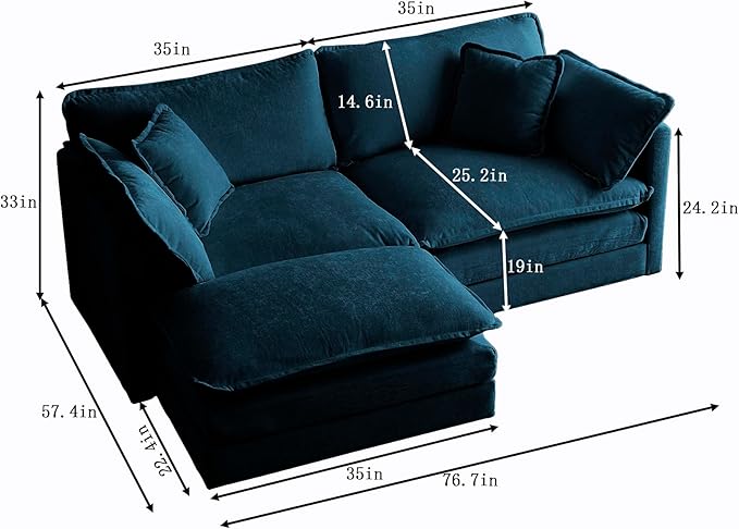 Deep Seat Cloud Loveseat Sofa Sectional Couch with Movable Ottoman 2 Seater Oversized L Shaped Corner Sofa Couches Comfy Chenille Love Seat for Living Room Bedroom Apartment Office