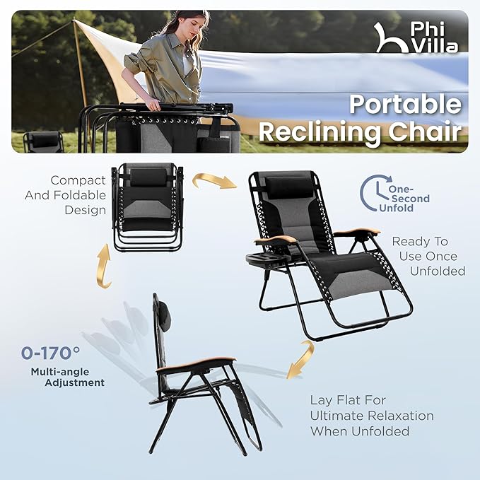 PHI VILLA XXL Oversized Padded Zero Gravity Chair Foldable Patio Recliner 30 Wide Seat Anti Gravity Lounger with Cup Holder Support 400 LBS (Black 1Pcs)