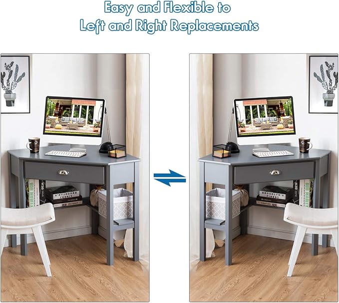 RELAX4LIFE Corner Computer Desk Triangle with Drawer and Shelves Stable Laptop PC Table Home Office Writing Desk Study Workstation Desk (Gray)