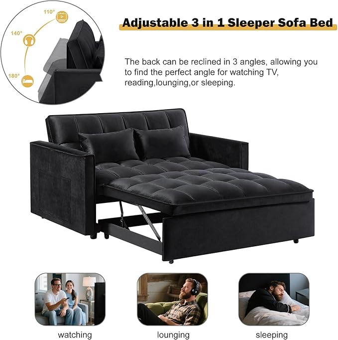 Convertible Sofa Bed Pull Out Couch with Side Pockets 3 in 1 Velvet Fabric Loveseat Sleeper Sofa Bed Pull Out Couch with Adjustable Backrest for Living Room Bedroom Apartment Black