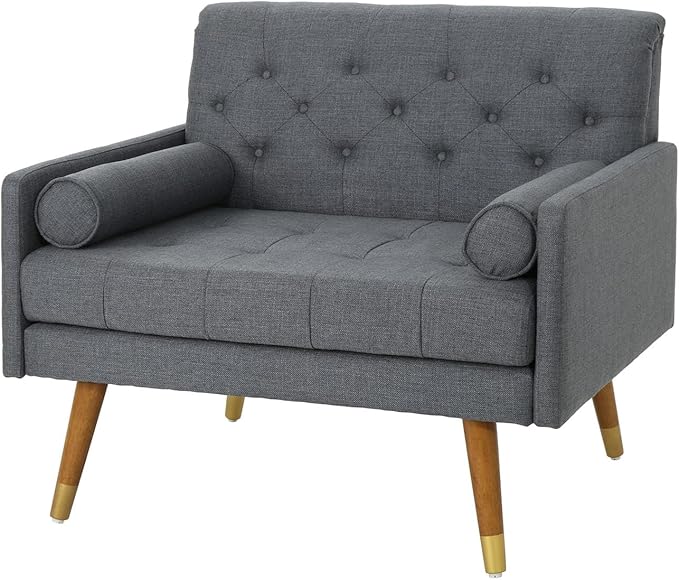 38 Comfy Chair and A Half with Button Tufted Backrest Round Armrest Pillows Mid Century Modern Oversized Accent Chair with Wood Legs for Living Room Bedroom or Small Spaces (Dark Grey)