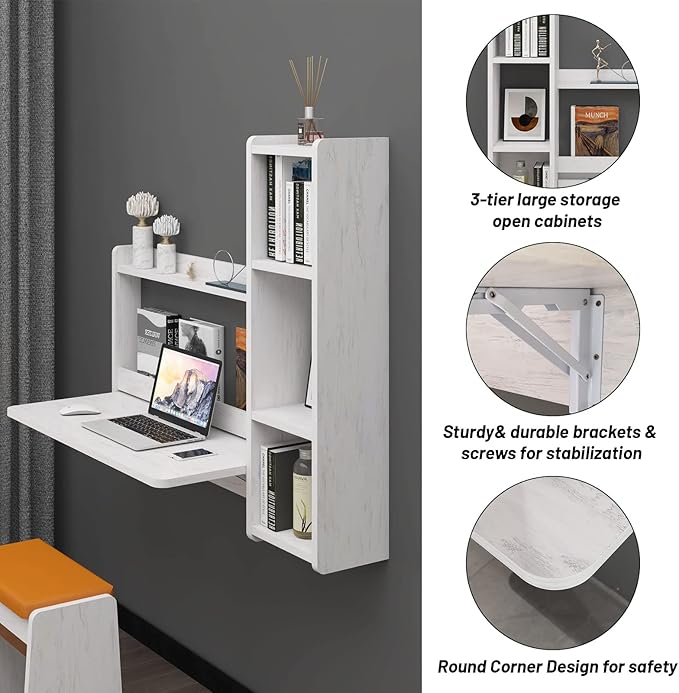 Pmnianhua Floating Desk41'' Wall Mounted DeskFold Down Laptop DeskFolding WorkstationSpace Saving Table with Storage for Bedroom Study Room Small Space (Off White-Left)