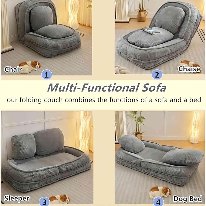 Foldable Lazy Sofa Bed Polyester Upholstered Human Dog Bed for Adults and Pets with 5 Adjustable Backrest Positions and 2 Soft Cushions for Living Room Bedroom Gray