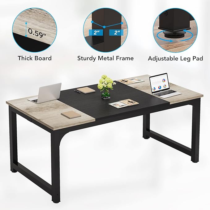 LITTLE TREE 70.8 Inch X-Large Executive Computer Office Desk Grey+Black