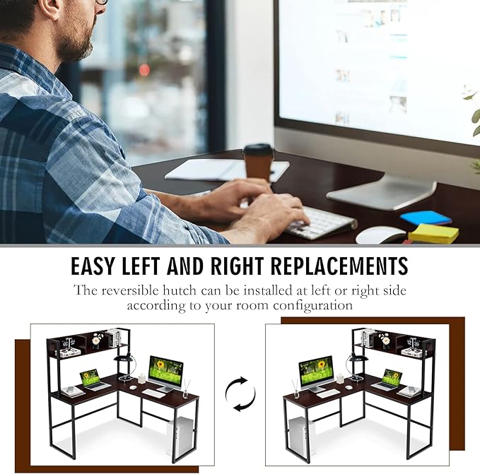 MEDIMALL L-Shaped Desk w/Storage Shelf Reversable Corner Desk Game Table w/Sturdy Metal Frame Multifunctional Computer Desk for Home Office (Teak)