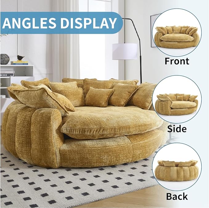 81 Oversized Round Sofa Bed Large Chenille Bean Bag Chair No Assembly Required Cloud Couch Fluffy Plush Chaise Lounge Chair Indoor Modern Sleeper Sofa with Deep Seat for Living Room (Yellow)