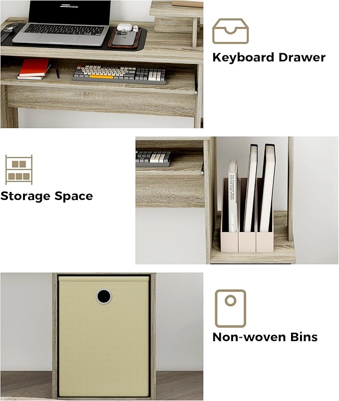 Small Computer Desk with Drawer Writing Desk with Storage Shelves for Home Office Bedroom Oak/Ivory