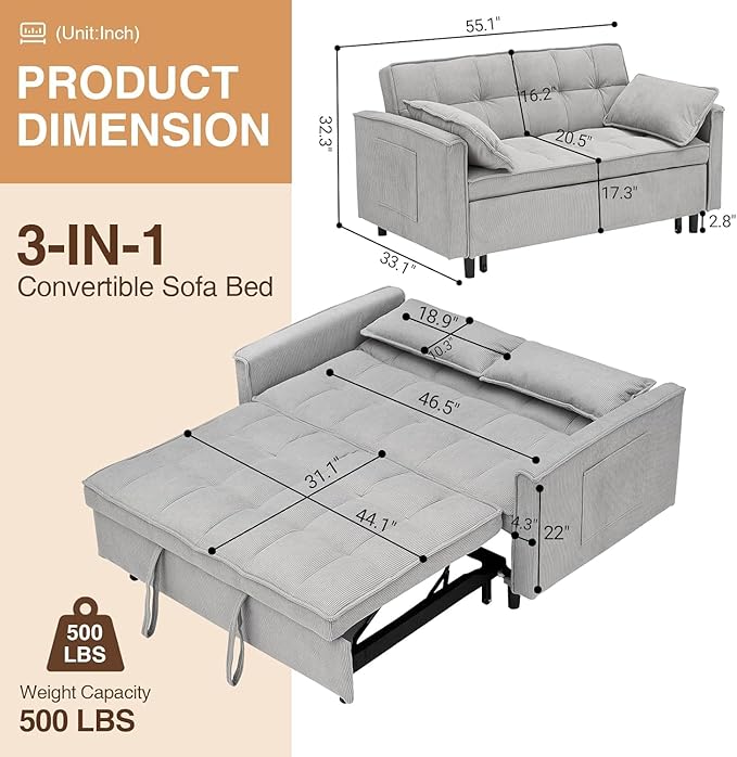 3 In 1 Corduroy Convertible Sofa BedPull Out Couch Bed with Reclining Backrest And 2 Pillows 54 Full Size Loveseat Sleeper Sofa Futon Couch Bed Couches For Small Spaces Living Room (Grey)