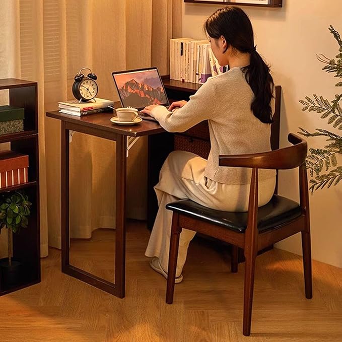 Bamboo Folding Desk with Storage Shelves Space Saving Mid Century Modern Bookcase with Drop Down Table Hide Away Desk for Home Bedroom Study Office