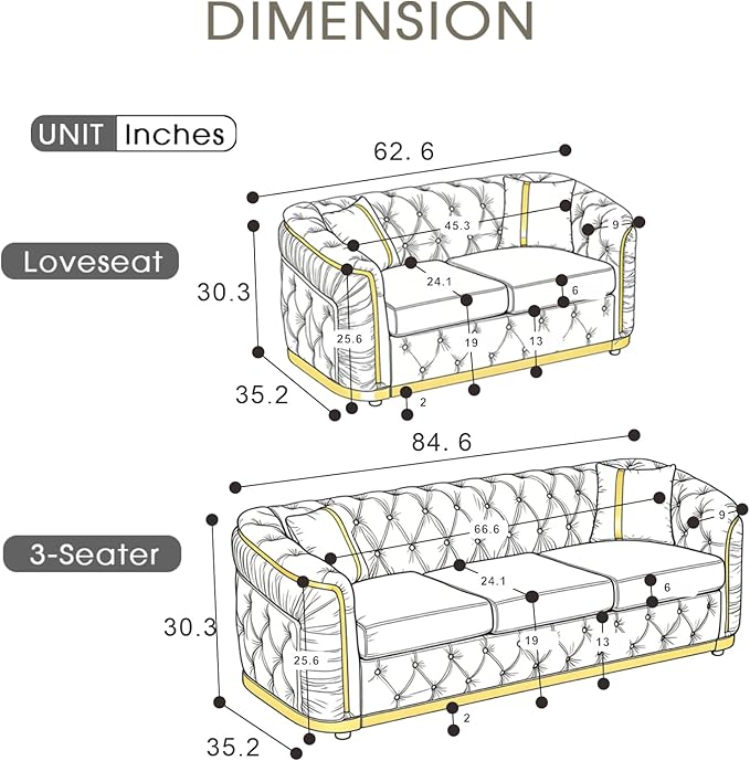 KEIKI 63 Luxury Oversized Velvet Chesterfield Sofa with 2 Pillow &amp Gold Stainless Decoration Italian Modern Style 2-Seater Button Tufted Couch with Rolled Arms Easy Assembly for Living Room B